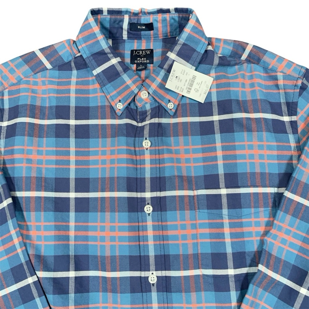 J Crew Flex Oxford Shirt Slim Large Blue Plaid Button Down NWT
